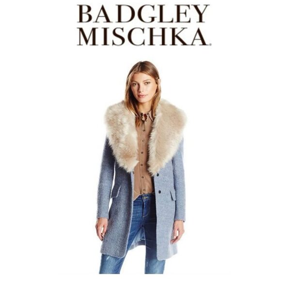 Badgley Mischka - Blue Wool Faux Fur Coat - Picture 1 of 10